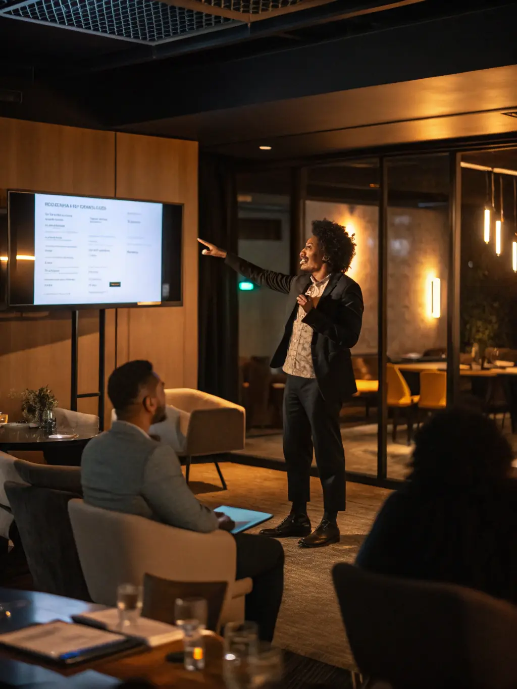 A speaker on stage at a business conference, delivering a keynote address to a captivated audience, with presentation slides visible in the background.