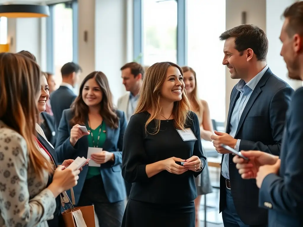 A professional photograph of a networking event at a business conference, showcasing attendees engaging in conversation and exchanging business cards, promoting the 'Networking Summit'.