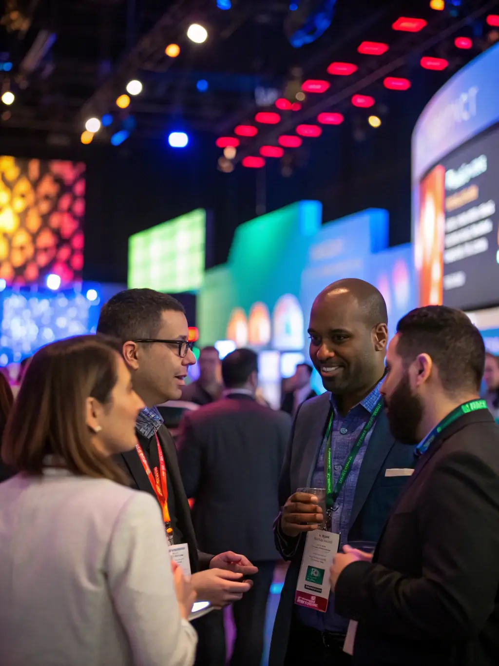A diverse group of professionals networking at a business conference, exchanging business cards and engaging in conversation, set against a modern conference backdrop.