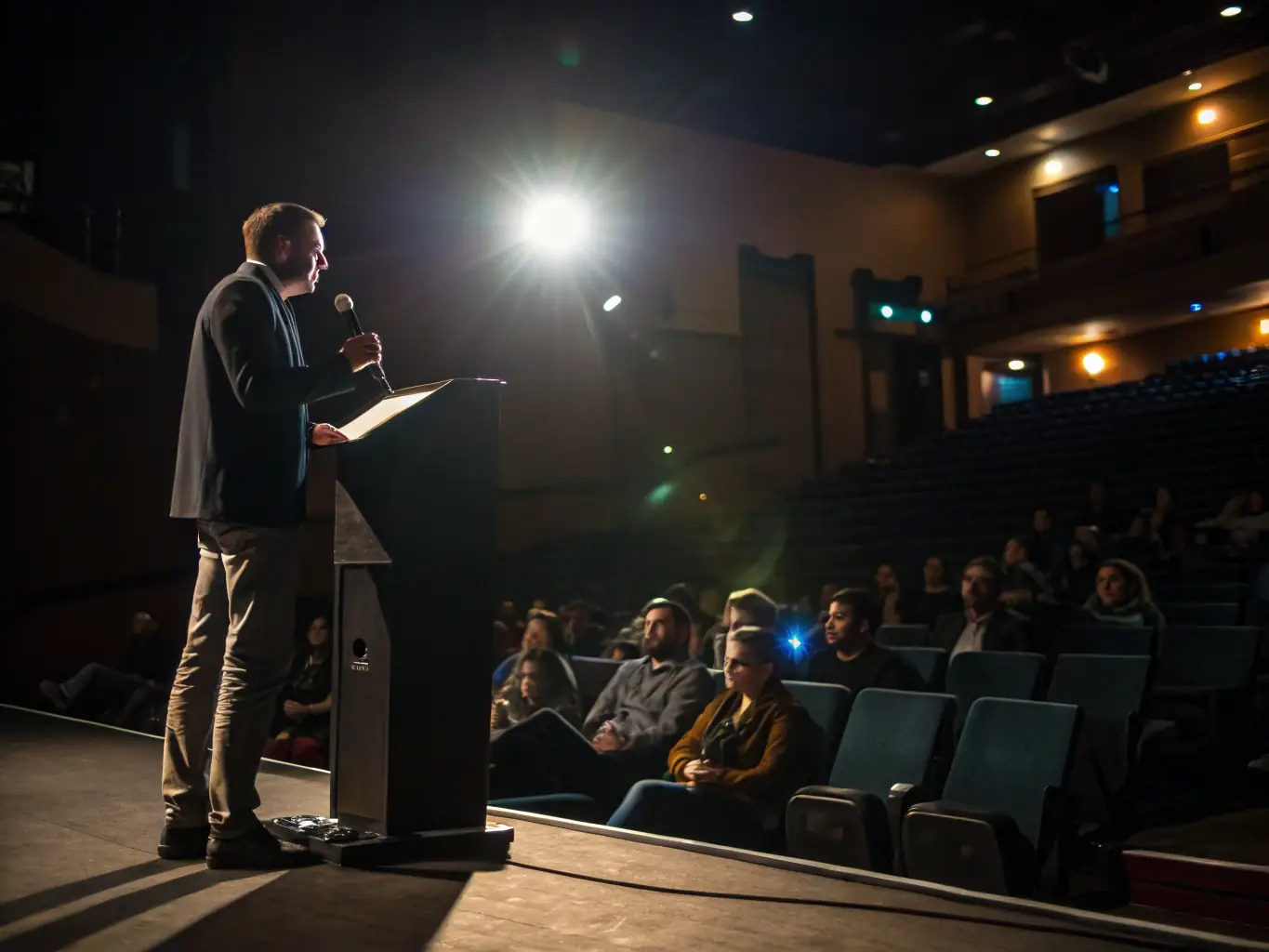 An inspiring image of a keynote speaker addressing a large audience at a business conference, emphasizing the 'Leadership Excellence' workshop.