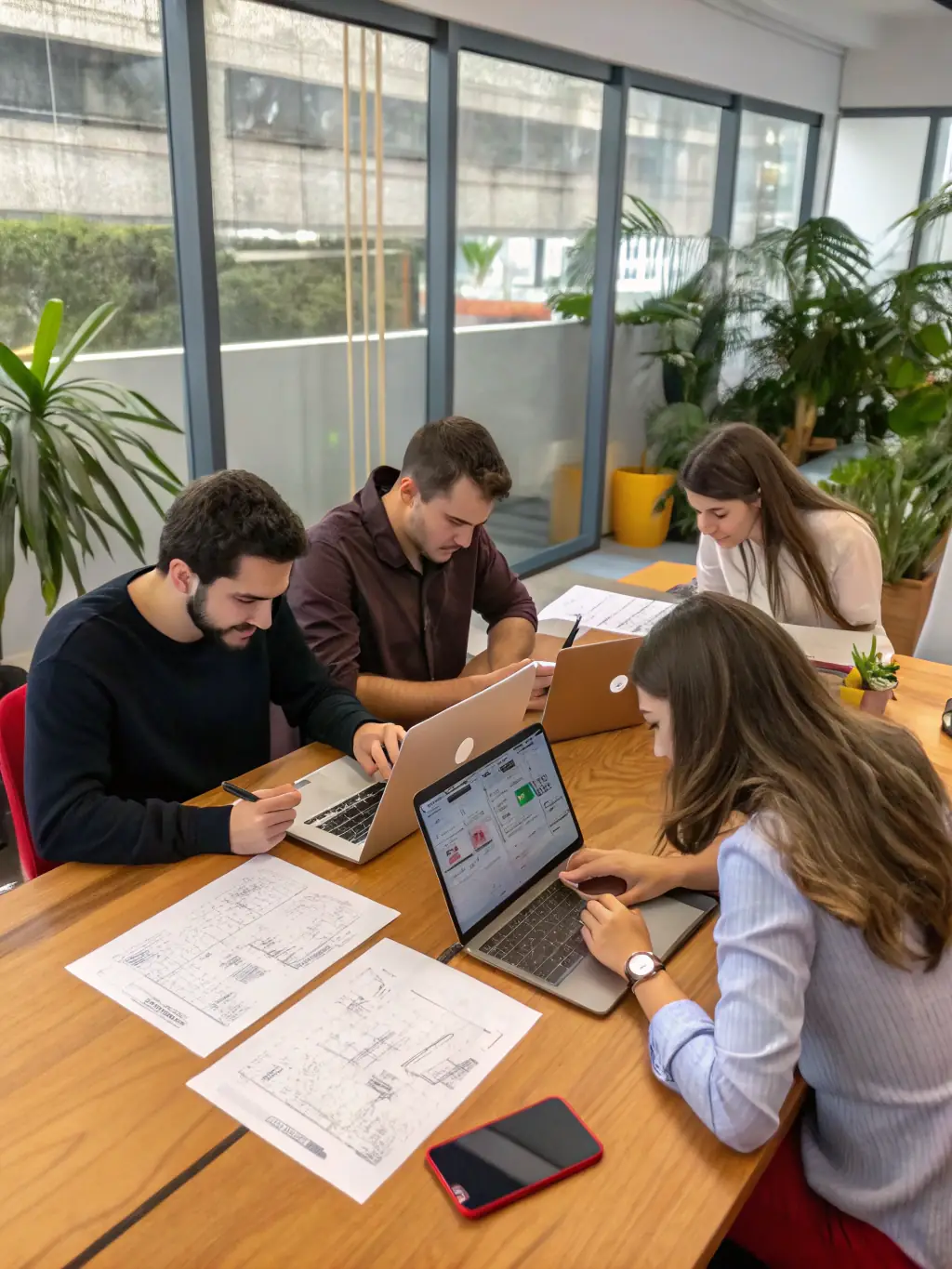 A group of entrepreneurs collaborating on a project in a modern co-working space, brainstorming ideas and developing business plans.