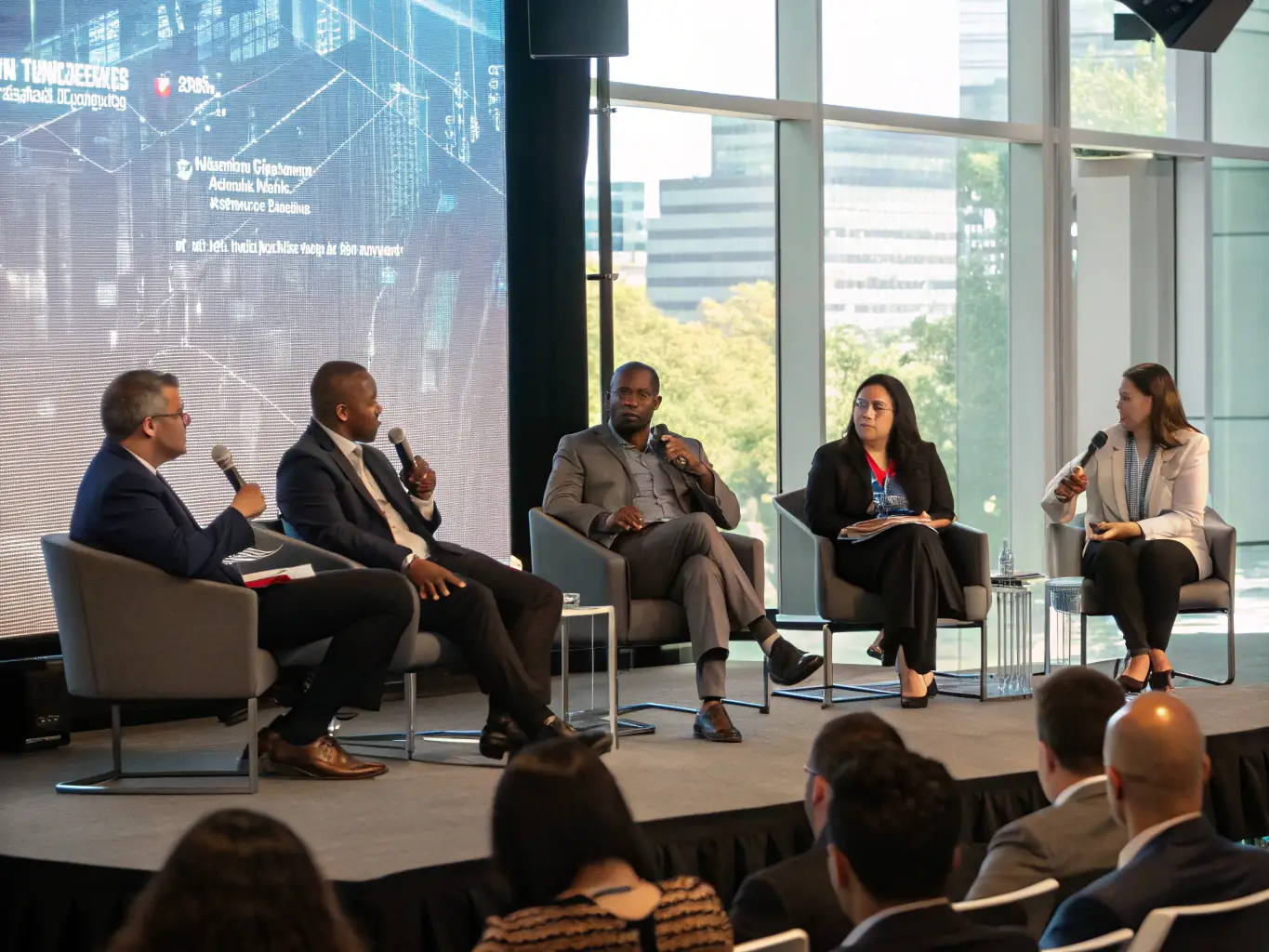 A dynamic shot of a business conference, focusing on a panel discussion with diverse speakers, representing the upcoming 'Future of Business' conference.