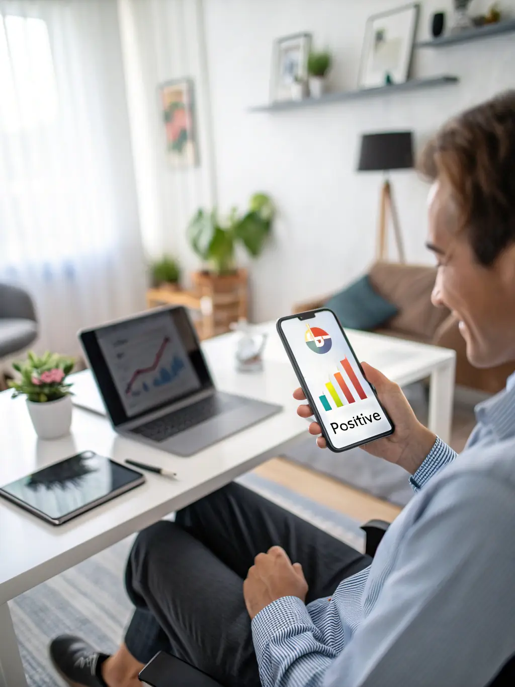 A person analyzing business growth charts and data on a laptop, with a focus on upward trends and positive financial indicators.